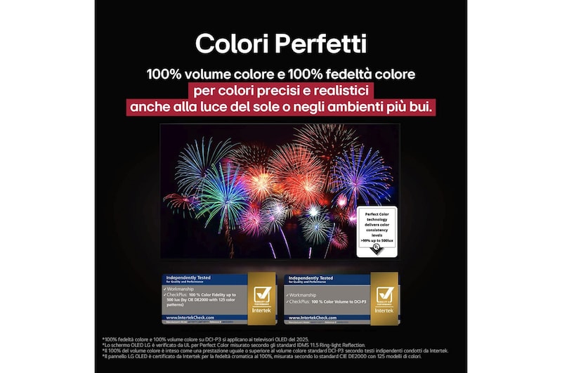 Salotto con LG OLED TV a parete. Sul televisore si vede una catena montuosa in un cielo scuro e pieno di stelle. Questa scena è divisa a metà per mostrare come il Nero perfetto offra livelli di nero reali, sia in ambienti luminosi sia in quelli bui. Un lato della scena mostra una versione più opaca e grigia del display orizzontale, etichettato come Nero non perfetto. L’altro lato un’immagine più gradevole con una gamma dinamica più ampia di neri e bianchi. Questo schermo viene etichettato come Nero perfetto. Anche la certificazione del logo è visibile, la tecnologia Nero perfetto offre livelli di nero inferiori o uguali a 0,24 nit fino a 500 lux. Al suo fianco compare un fumetto che riporta il testo seguente: controlla il marchio di certificazione del Nero perfetto.